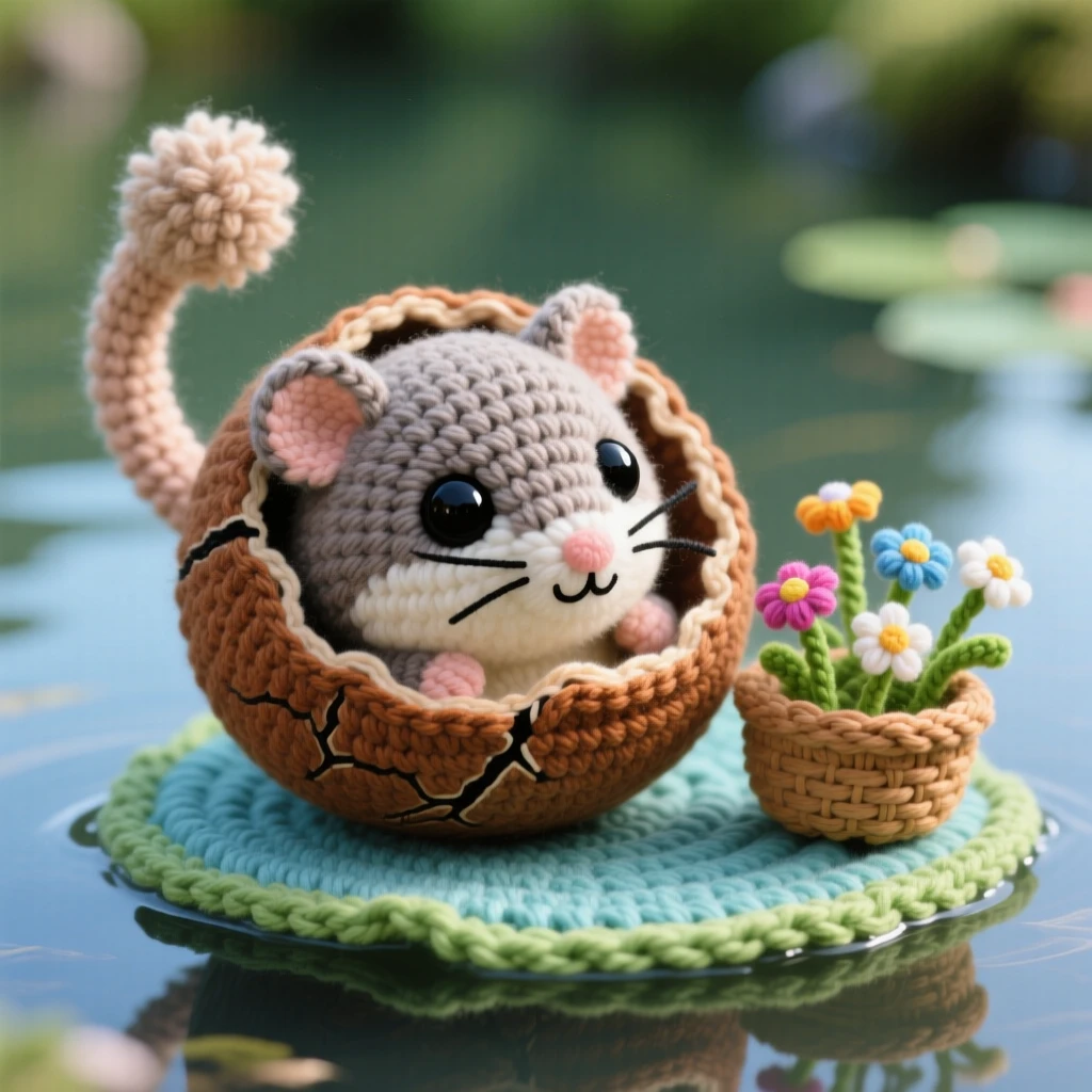 A heartwarming close-up of a round baby dormouse, with a fluffy tail and round black eyes, curled up asleep inside a walnut shell in the edge of a calm, glassy pond; a small basket of wildflowers nearby completes the scene, radiating gentle trust and quiet companionship.
