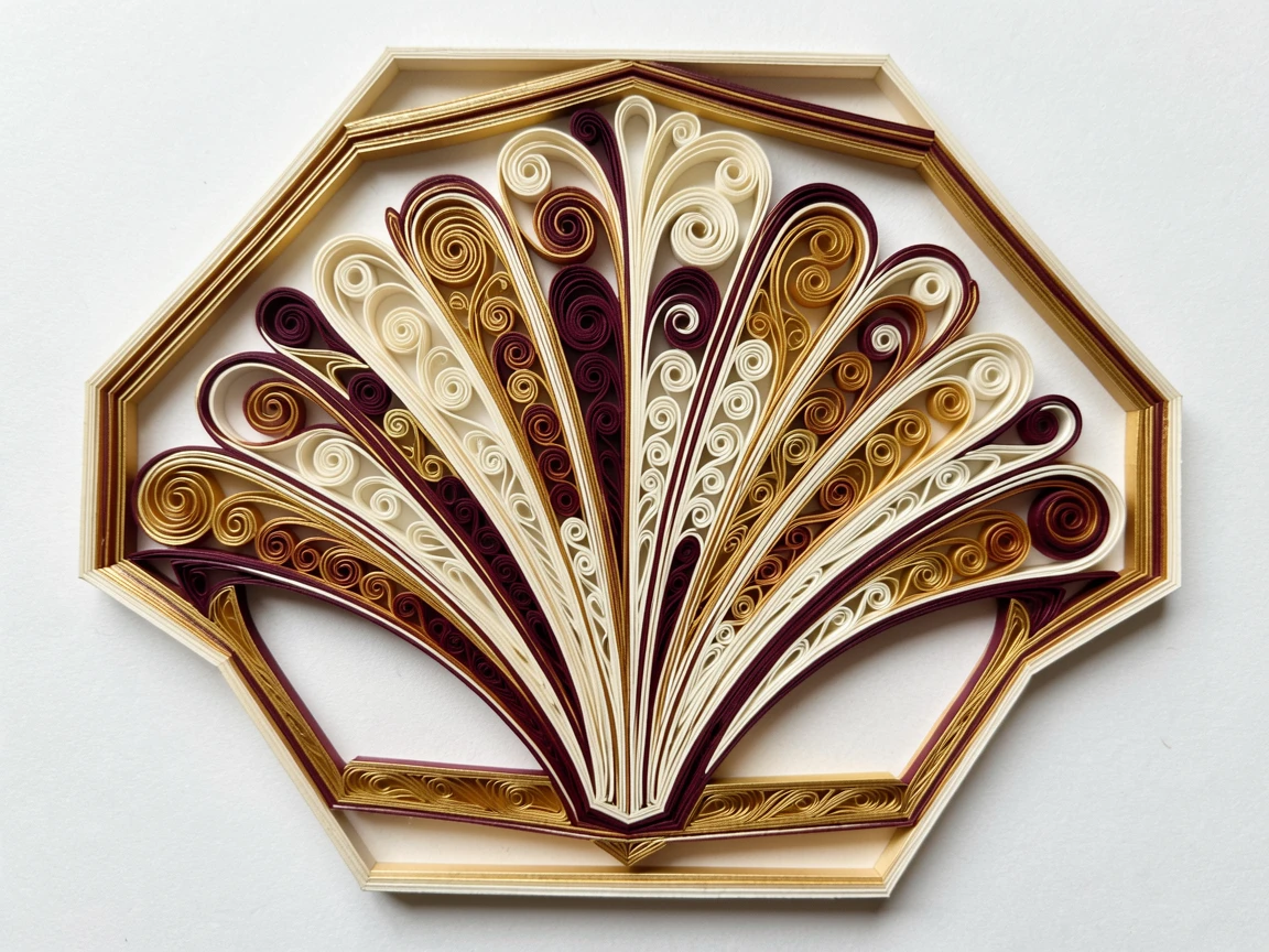 An elegant design featuring an art deco fan motif with fanning symmetrical lines, arranged in concentric layered rings, in shades of gold, ivory, and deep burgundy, presented within a hexagonal frame.