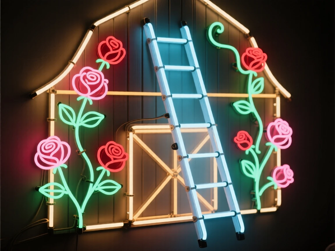 A ladder leaning against a barn wall covered in climbing roses.