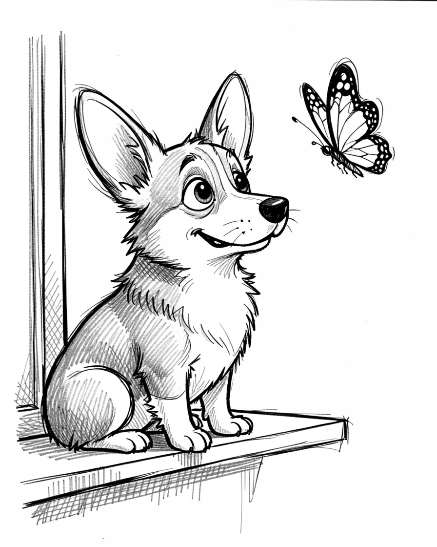 A corgi with short legs watching a butterfly on the windowsill.