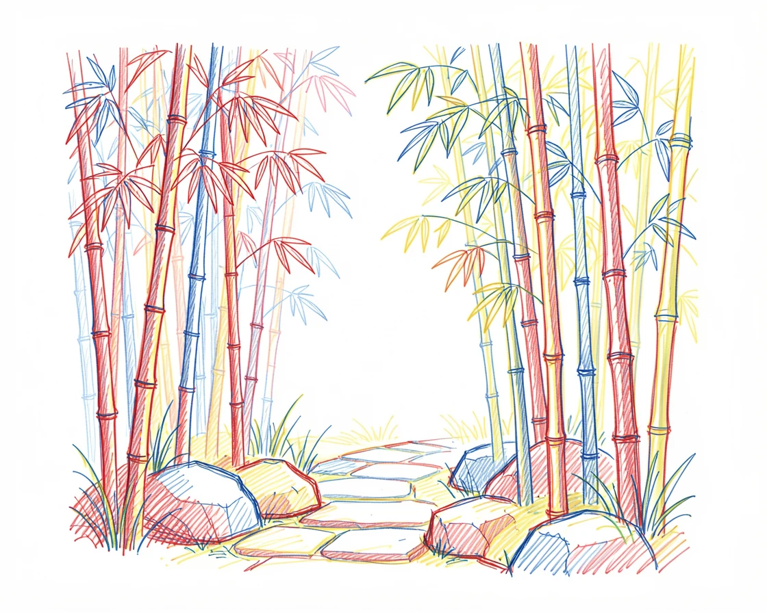 A tranquil bamboo grove with a narrow stone path winding through tall green stalks