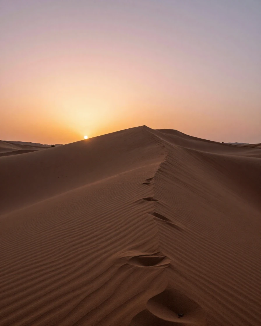 A desert dune stretches endlessly beneath a sky streaked with pink and orange at dusk.
