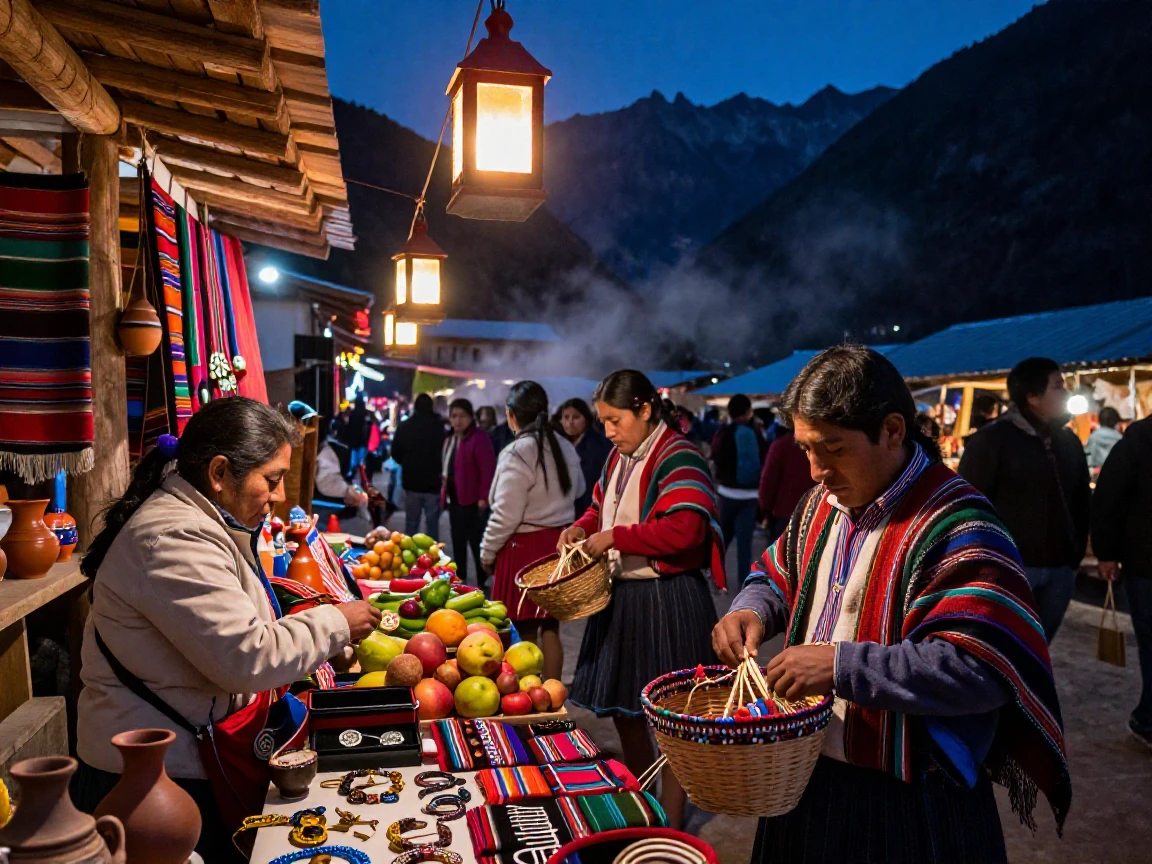 A bustling night market strung with lanterns standing quietly deep within an ancient Andean valley