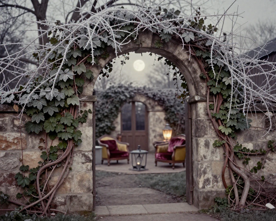 A vine-draped archway leading into a hidden courtyard, under moonlight, in still, windless air, in the depths of winter, with rich burgundy and gold accents, from a wide establishing view.