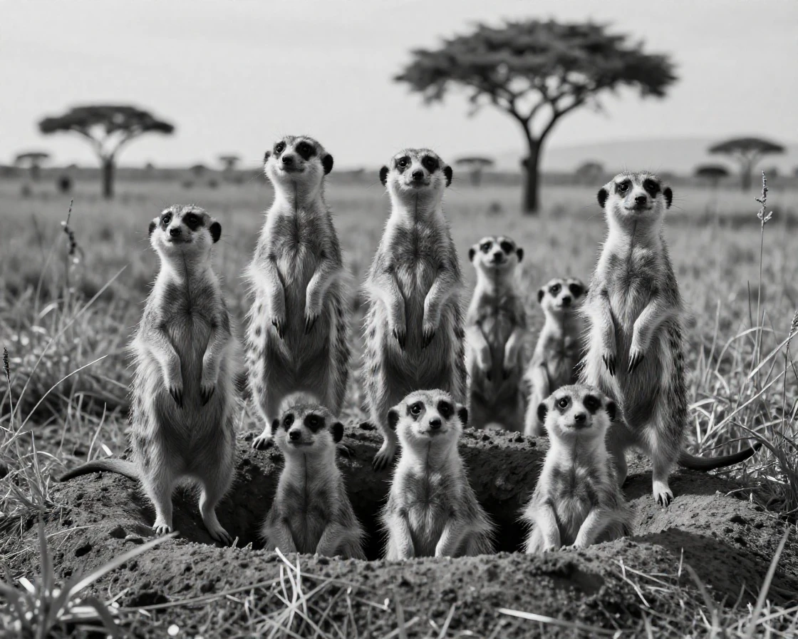 A family of meerkats stands guard over its burrow on the African savanna.
