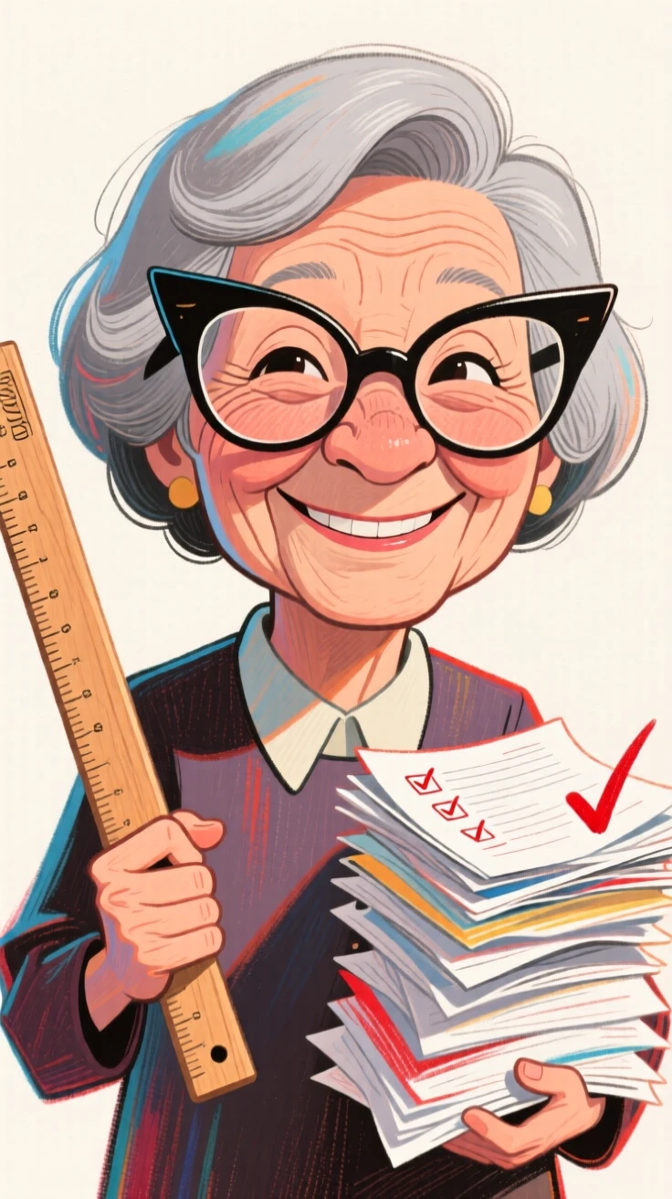 A retired schoolteacher with cat-eye glasses, holding a ruler and a stack of graded papers.