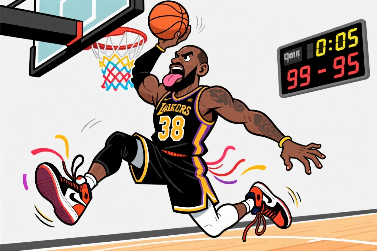 A larger-than-life portrait of a world-famous basketball star mid-dunk, tongue out in concentration, sneakers untied.
