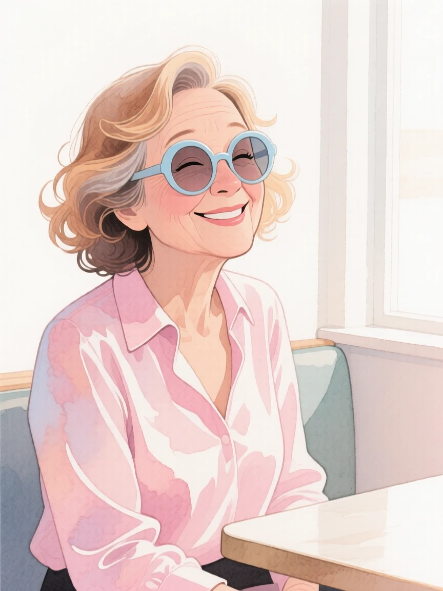A middle-aged woman with loose beach waves, winking playfully, wearing an elegant silk blouse and wearing round vintage sunglasses, in a softly lit café corner