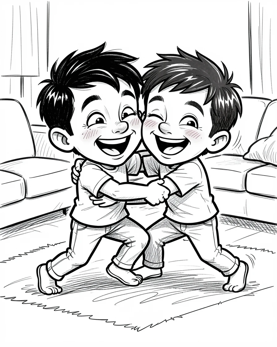 [Family & Relationship Moments] Heartwarming scene of brothers wrestling playfully on the living room carpet, radiating love and warmth