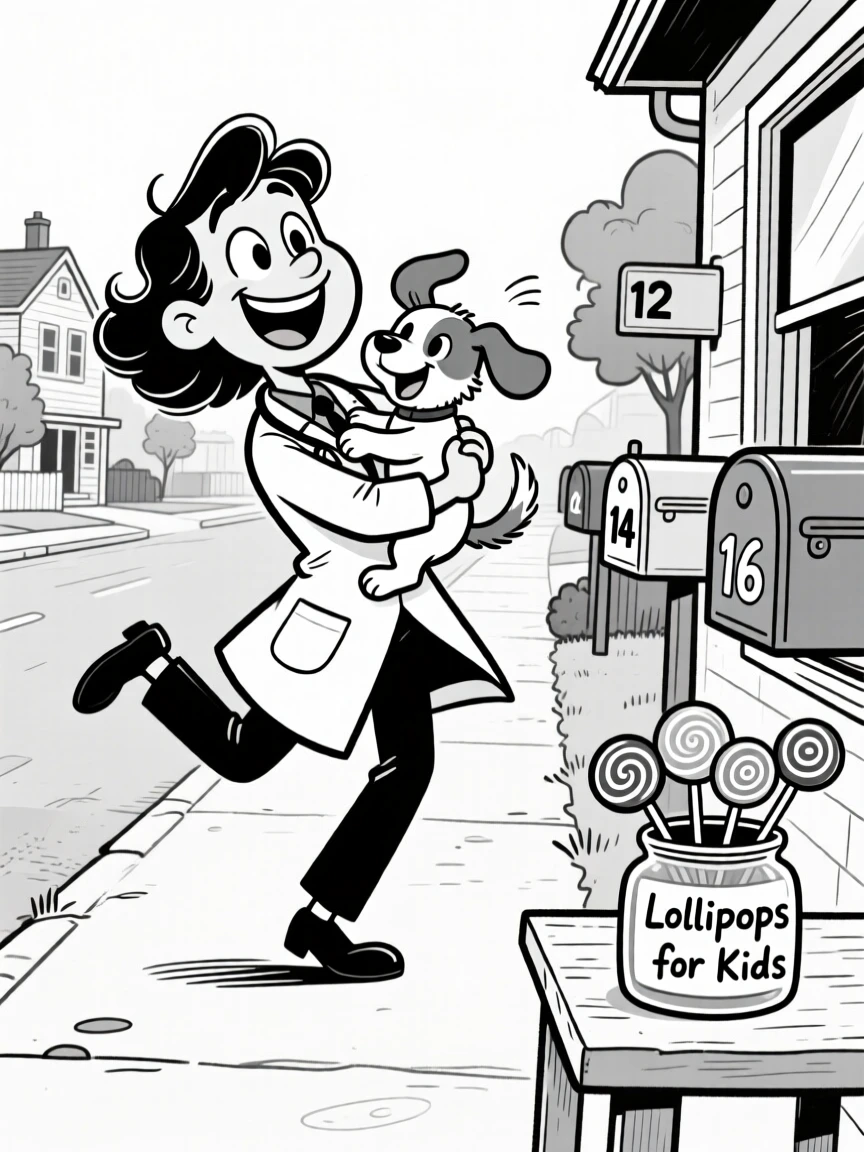 A dedicated veterinarian cradling a wiggly puppy, demonstrating a perfect pirouette, set on a quiet suburban street lined with mailboxes. A jar of lollipops sits on the counter for kids. It feels like a warm nod to the people who keep the world running.