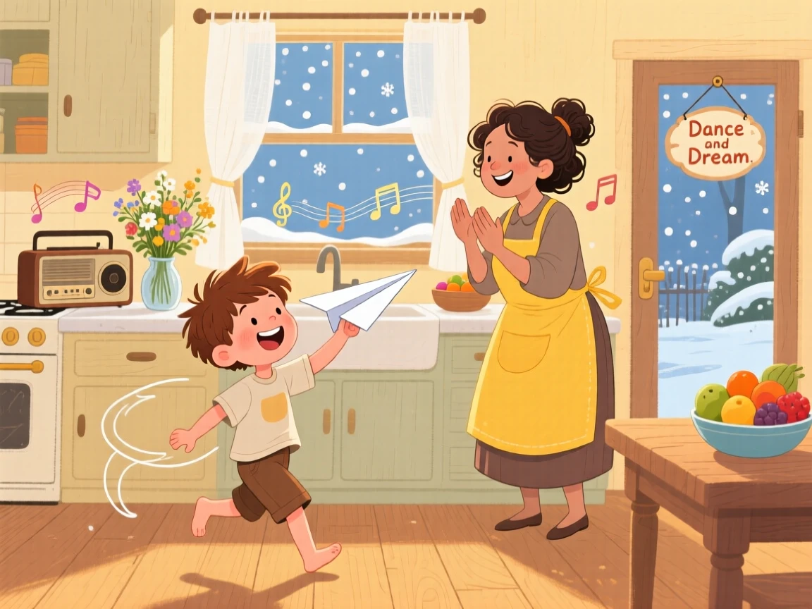 A boy with a paper airplane laughs while dancing in the kitchen while music plays together with her favorite aunt, while soft snow falls outside.