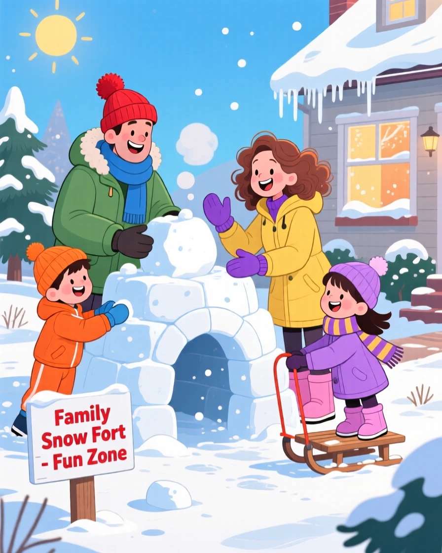 A family building a snow fort together in the front yard.
