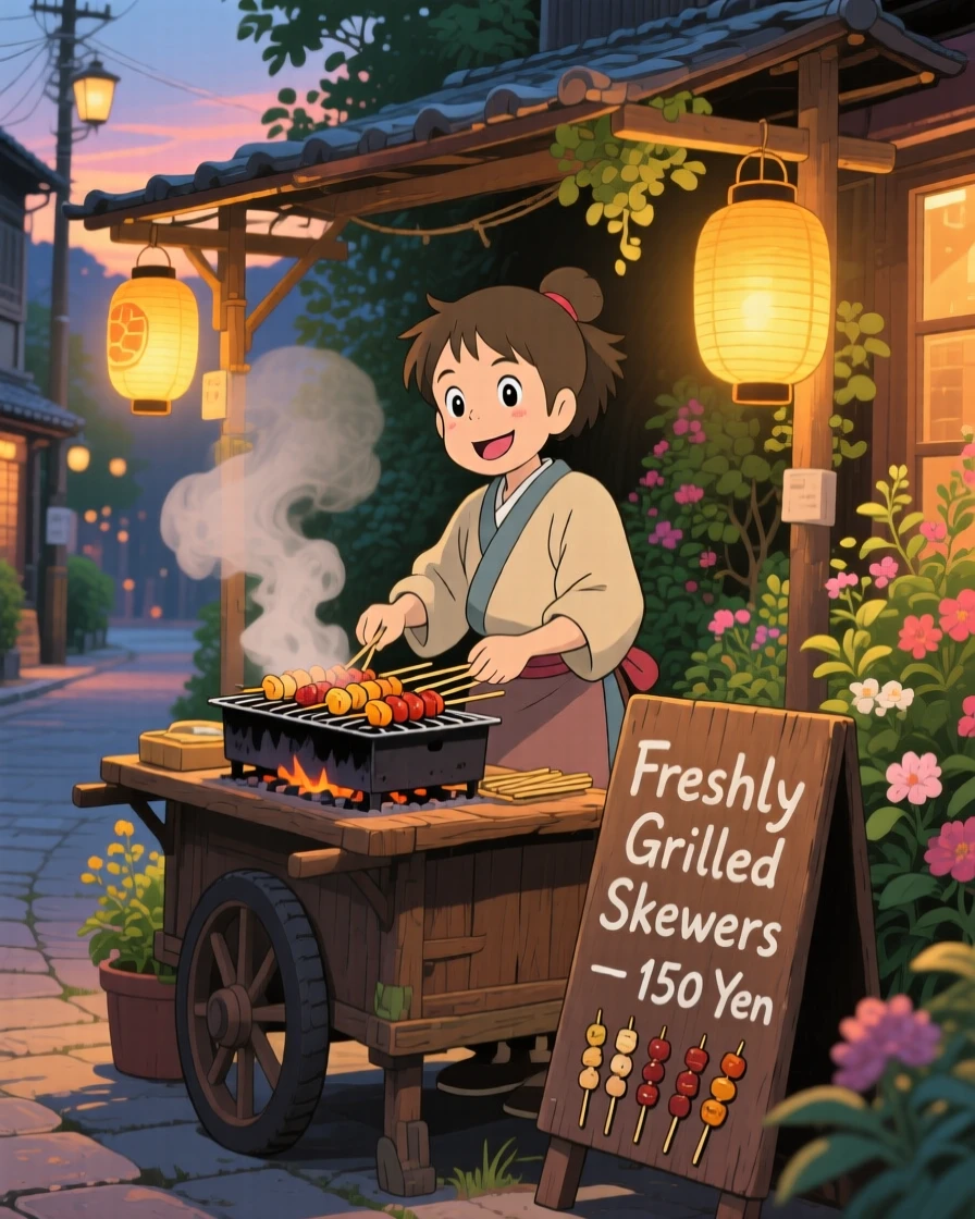 A warm, inviting scene of a street vendor grilling skewers under warm lantern light, as steam curls gently into the air.