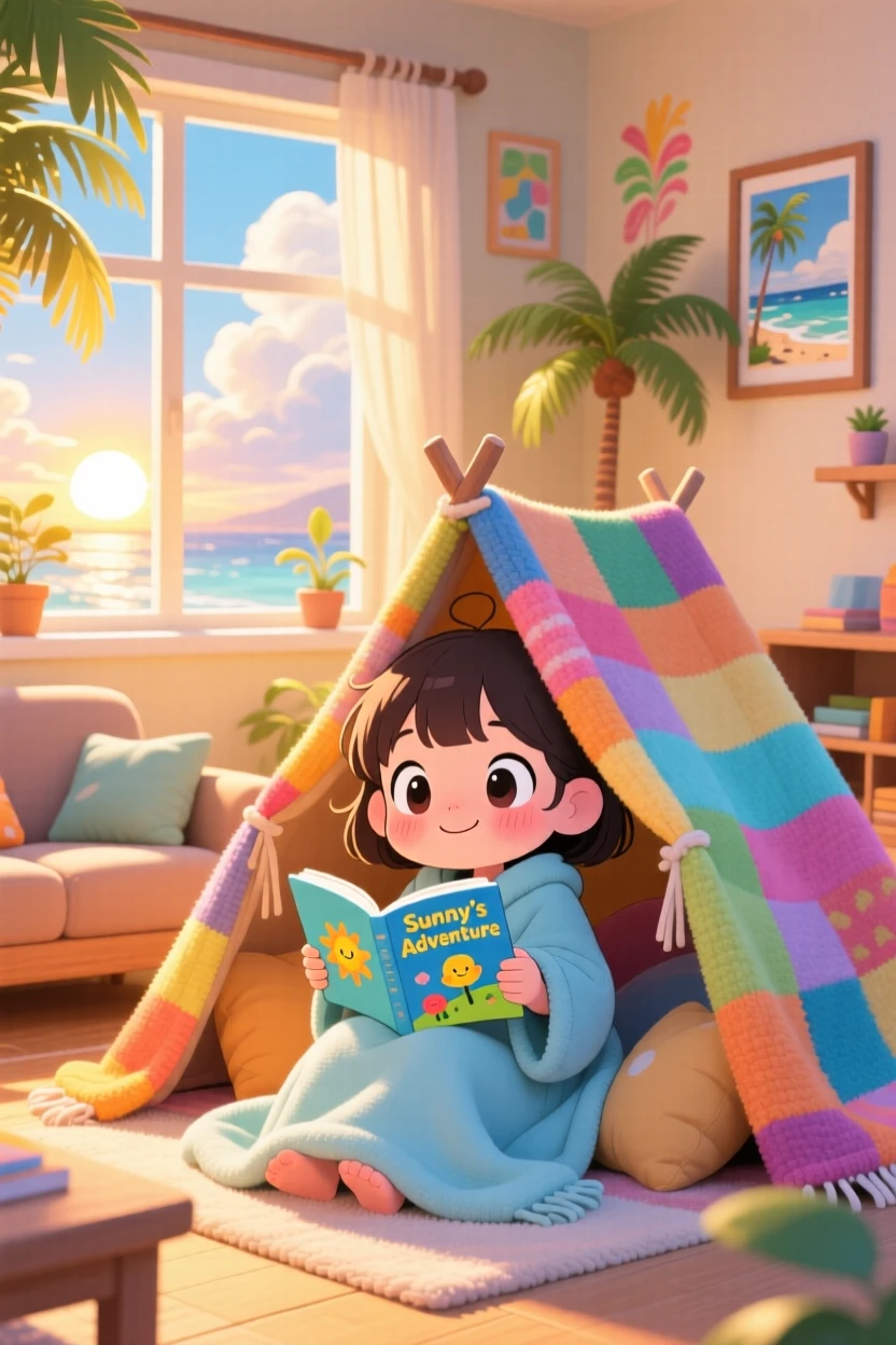 In a cozy living room, a little girl is reading a picture book under a blanket fort on a warm tropical afternoon, bathed in rays of sunrise breaking through clouds, expression full of peaceful calm. Shot as a three-quarter view.