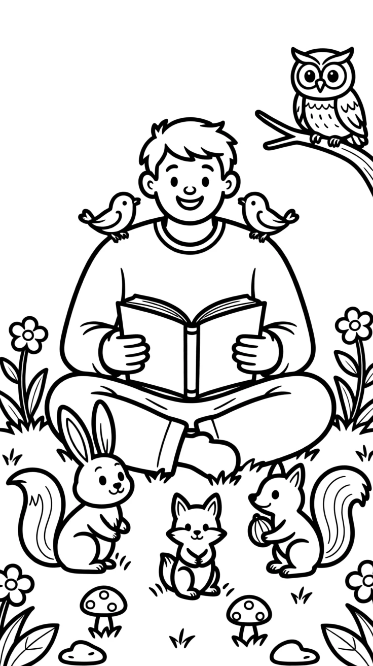 A gentle giant reading a storybook to a group of woodland animals