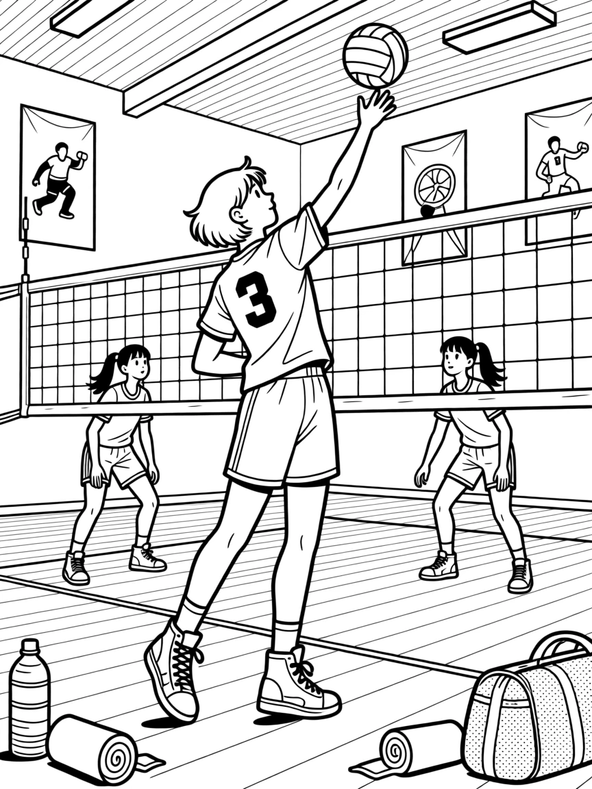 A volleyball player spiking the ball at the net, with dramatic lighting highlighting the action.