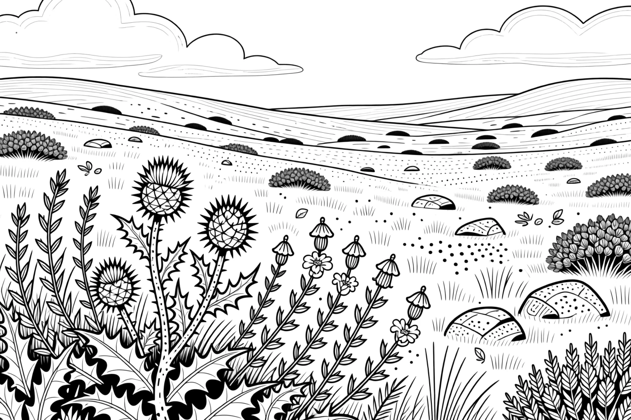 A cluster of thistles and heather covering a Scottish moor.