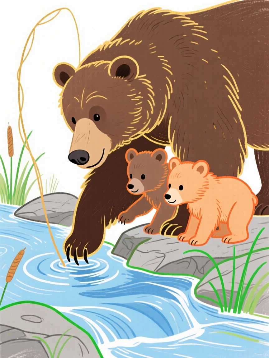 A mother bear teaching her cubs to fish in a stream.