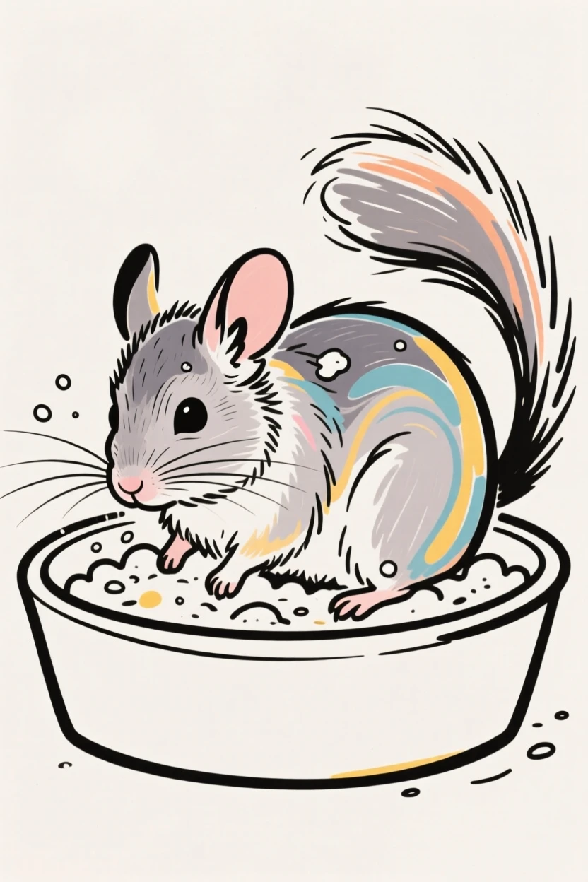 A chinchilla taking a dust bath in a small container.