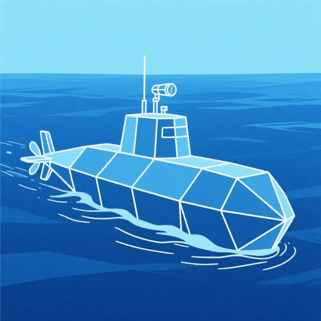 A submarine gliding through deep blue ocean water
