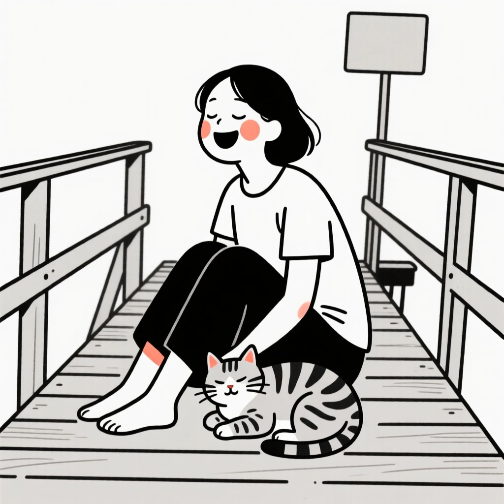 A mother with a tabby cat curled nearby, laughing with eyes closed, on a wooden fishing pier.