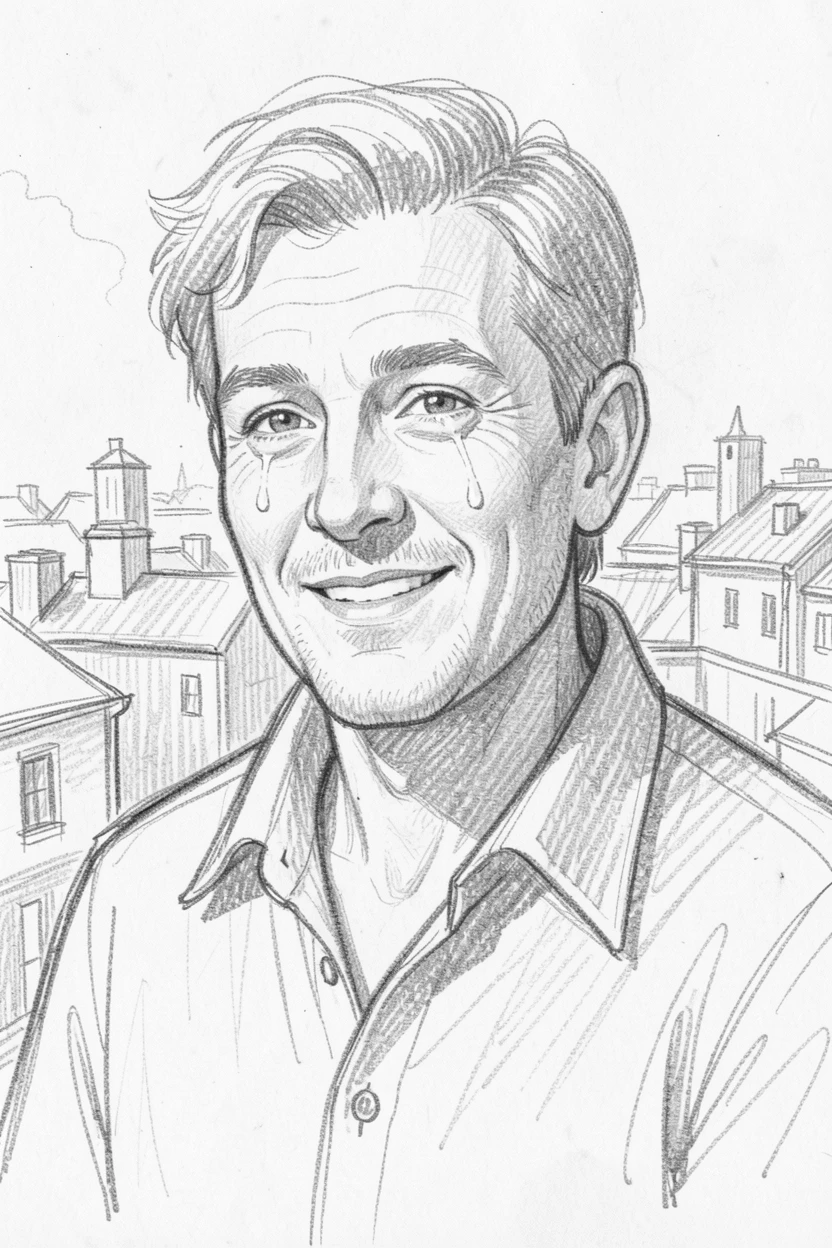 Close-up portrait of a gentle farmer on a rooftop overlooking the city, with a single tear of joy on their cheek.