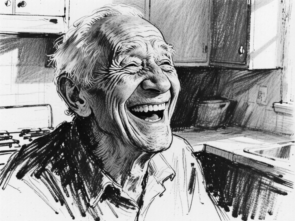 A grandfather laughing with pure joy, eyes crinkled with happiness, in a sunlit kitchen.