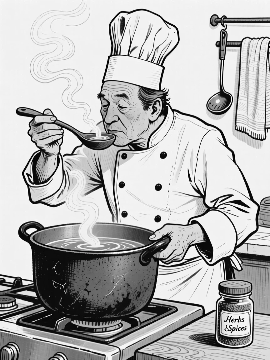 A chef tasting soup from a wooden spoon, steam rising from the pot.