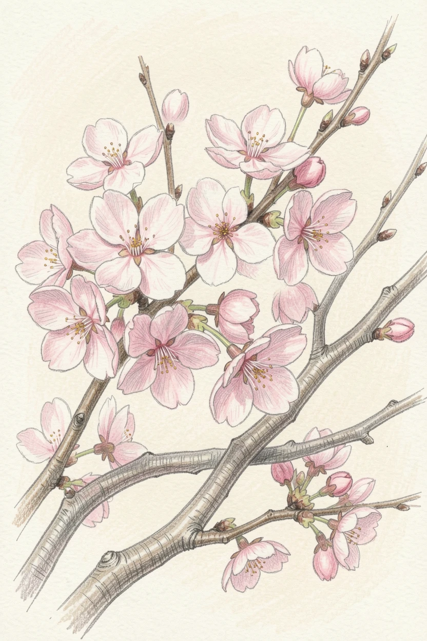 A cluster of cherry blossom branches against a soft sky, set against a simple, softly lit neutral background, celebrating nature's delicate artistry.