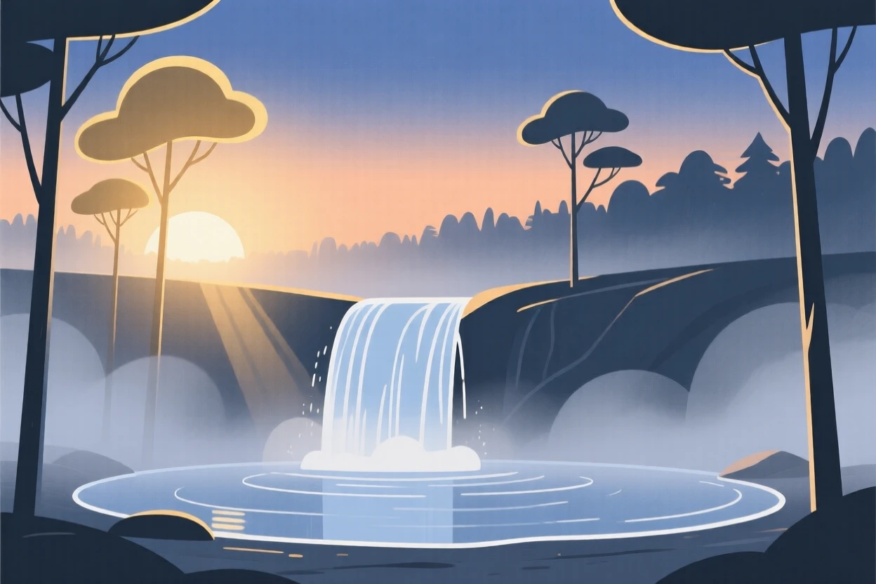 A misty waterfall basin at sunrise with soft light filtering through the treetops.