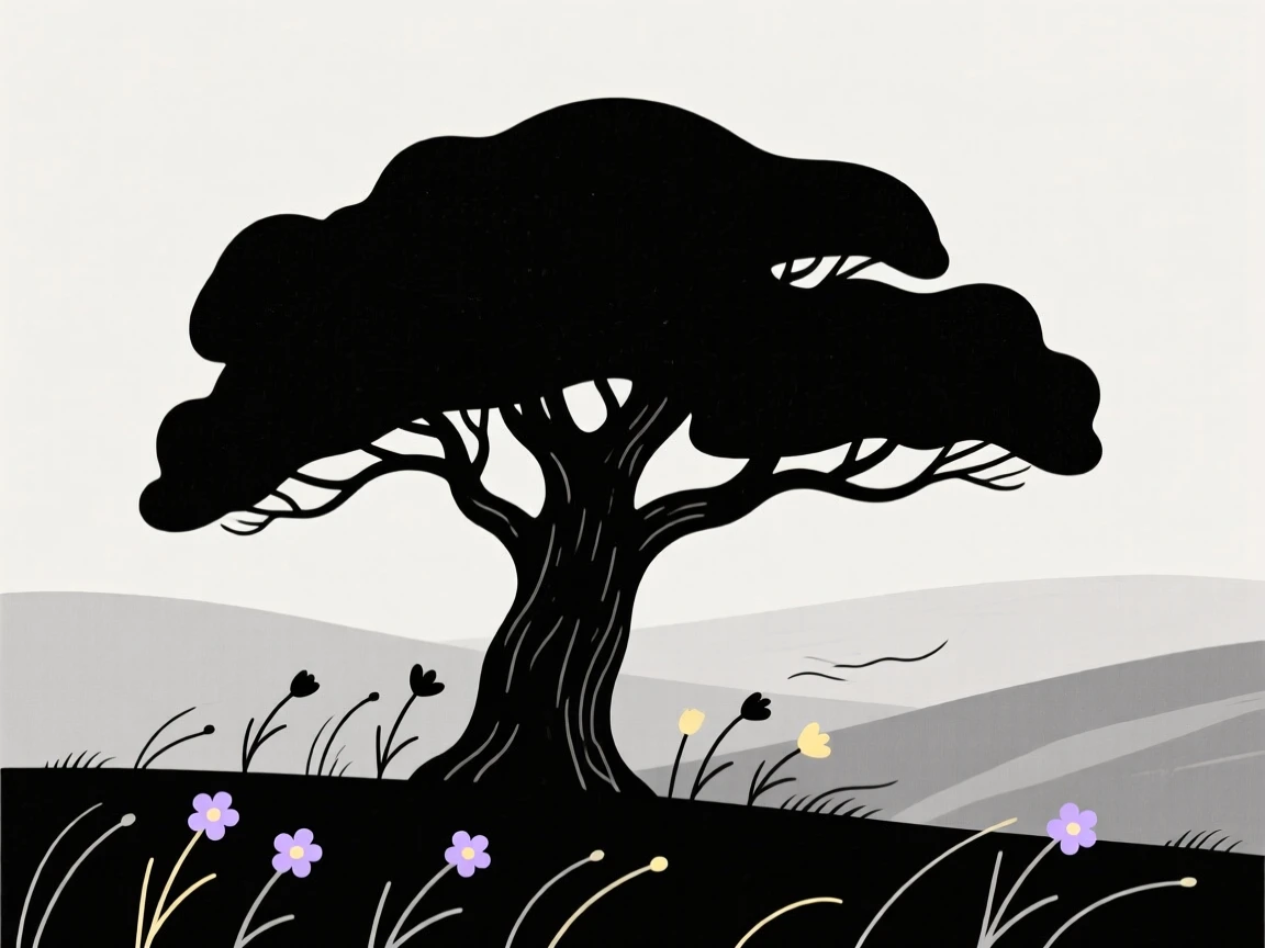 An ancient oak tree, silhouetted alone against a highland moor, surrounded by wildflowers swaying in the breeze, full of gentle stillness.