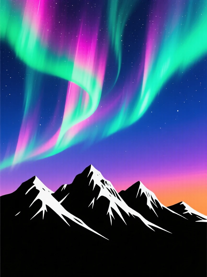 Ribbons of aurora borealis dancing above a row of snow-capped mountains.