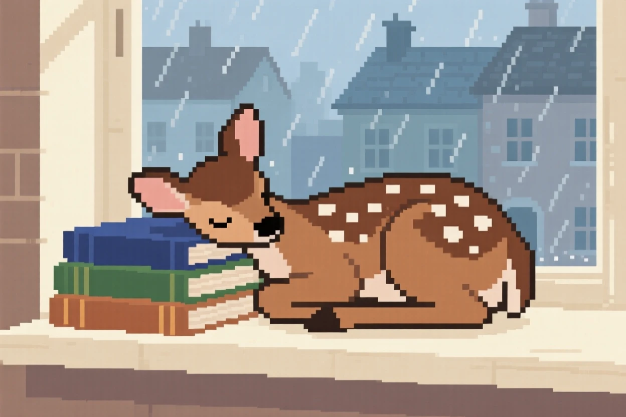 A spotted fawn curled up asleep on a stack of books, on a windowsill overlooking a rainy town.