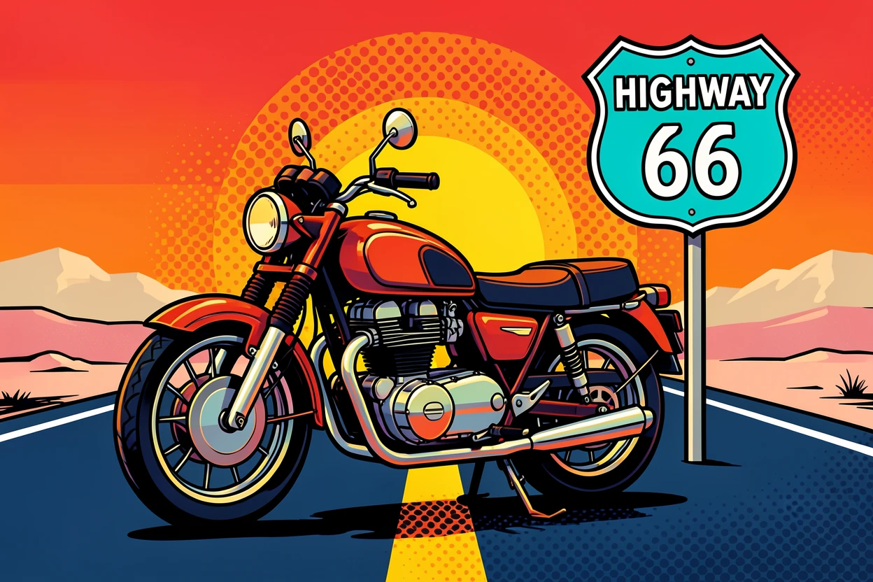 A vintage motorcycle parked beside a desert road at sunset