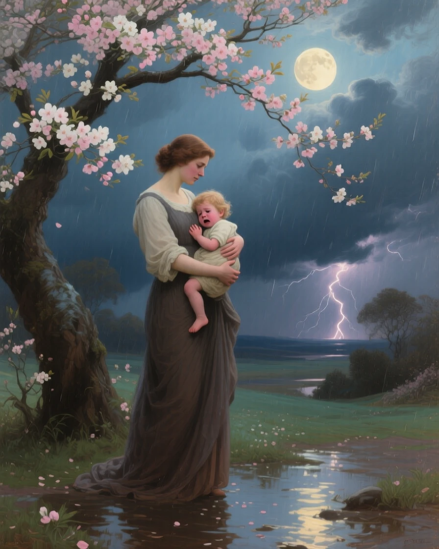 A balanced composition of a mother comforting her frightened child during a thunderstorm, under a full moon, as spring blossoms open.