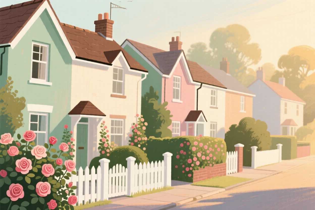 A row of terraced cottages with white picket fences and rose gardens