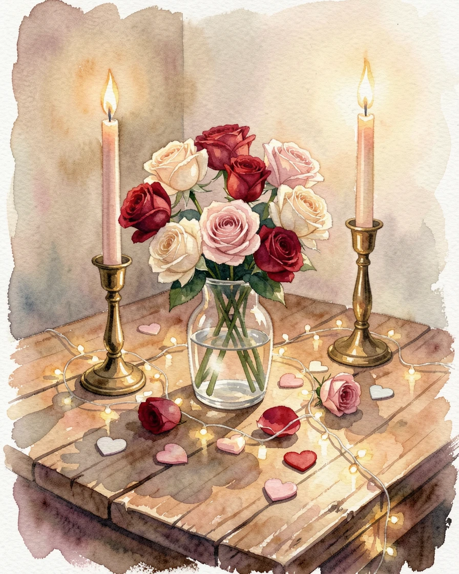 A Valentine's Day table set with roses and candlelight with festive decorations glowing softly.
