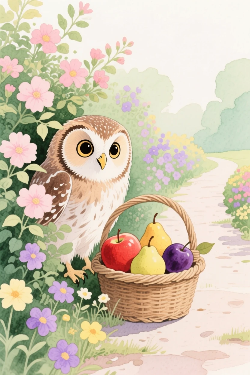 A baby owl peeks out curiously in a blooming garden path, beside a basket of ripe fruit