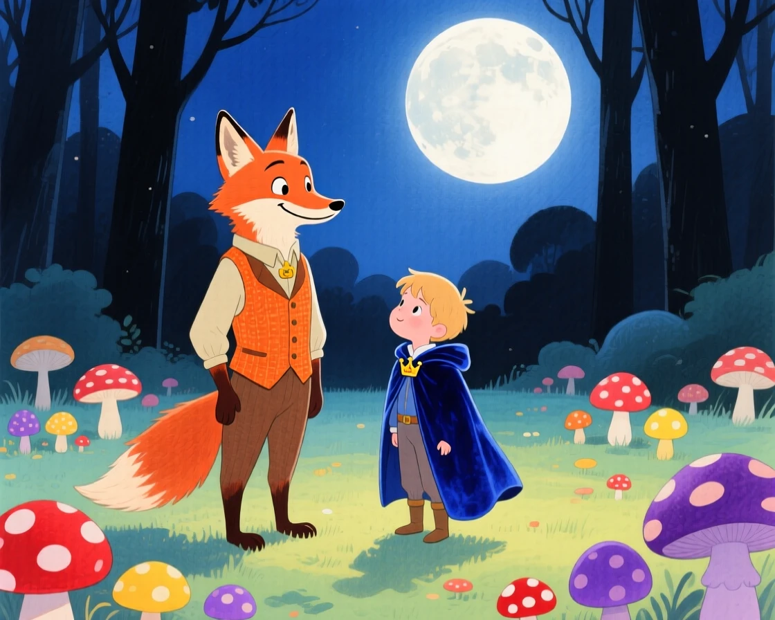 A talking fox in a waistcoat guiding a young prince in a velvet cloak through a moonlit clearing full of mushrooms.