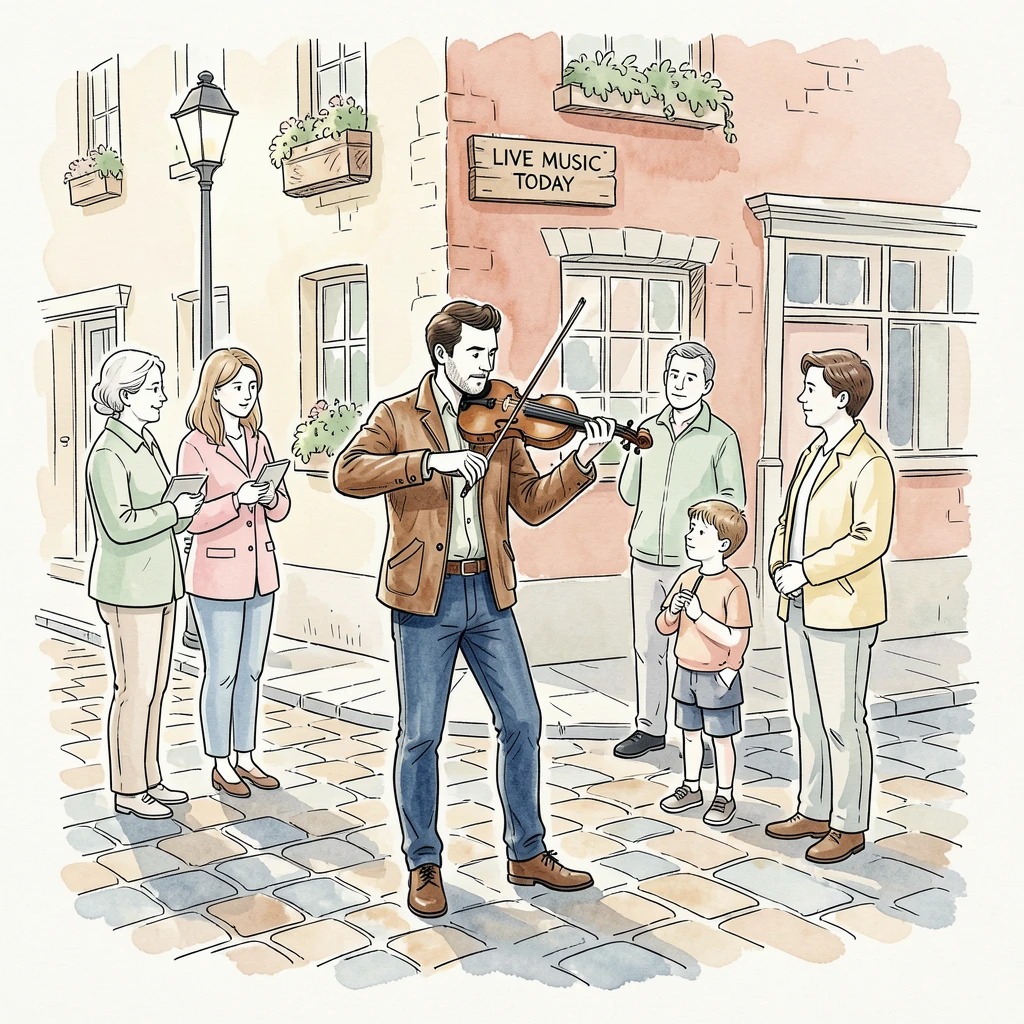 A street musician playing violin on a cobblestone corner as passersby pause to listen