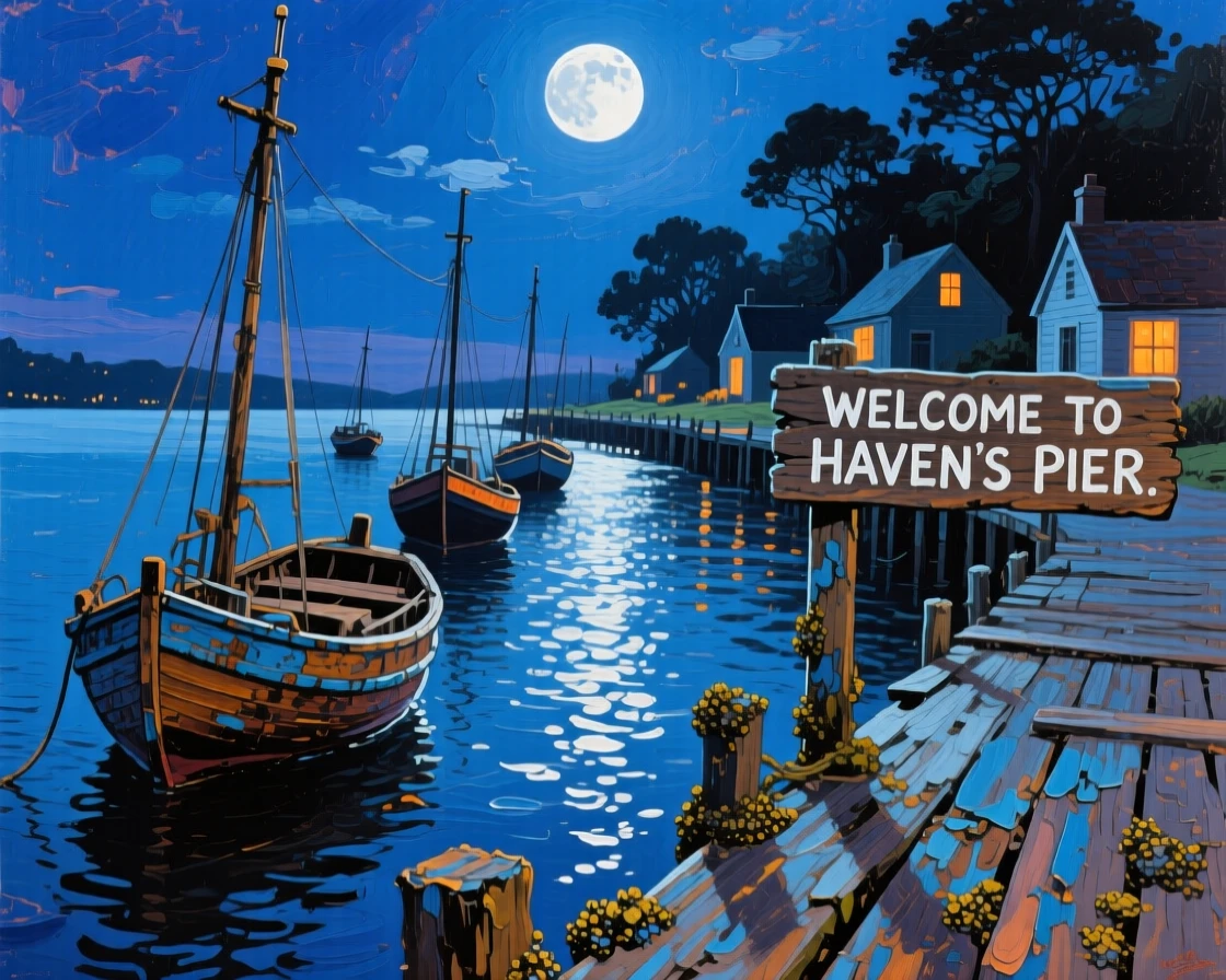 a row of fishing boats returning to a village pier, under a full moon, composed along a natural leading line.