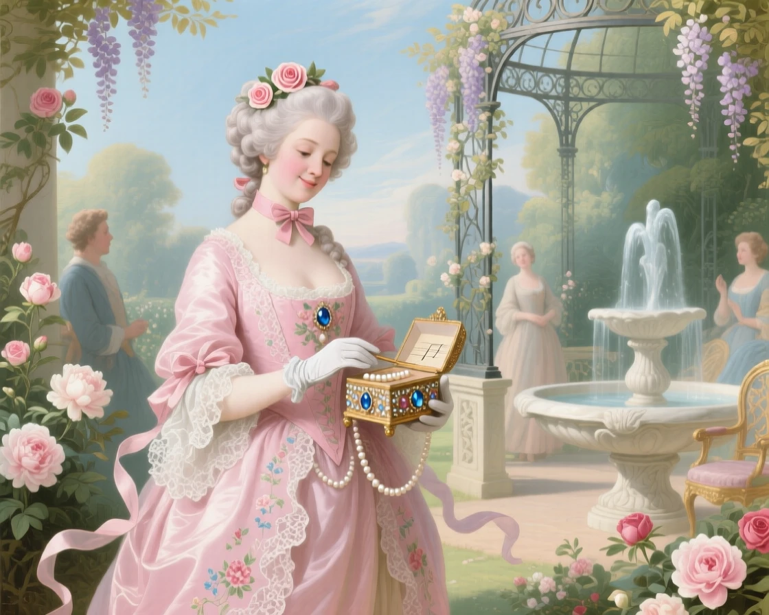 A lady holding a tiny jeweled music box as a melody begins  