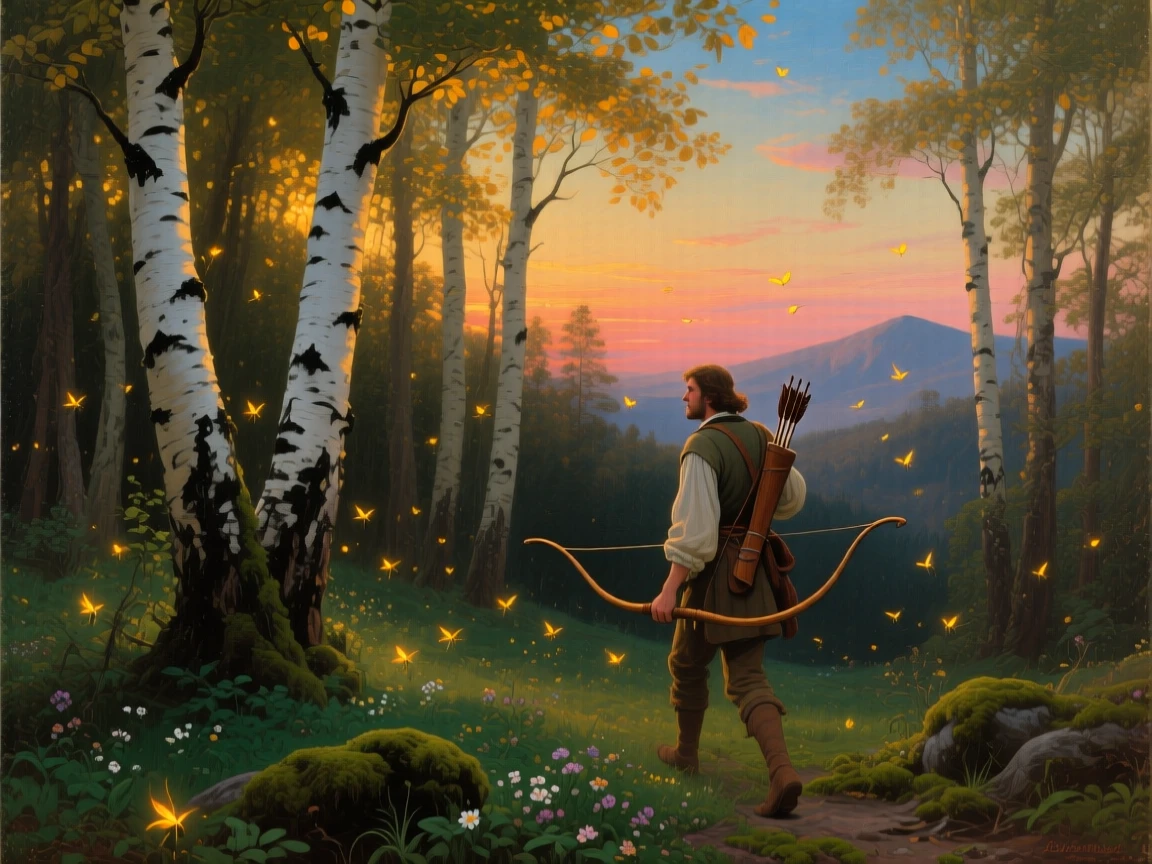 A hunter wanders deep into a sunlit grove of birch trees as fireflies rise at dusk.