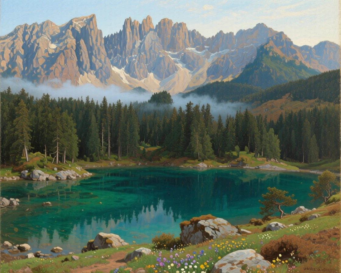 A hidden alpine lake ringed by jagged untouched peaks, as a soft blue mist settles over the lower elevations, radiating tranquility and the timeless beauty of the natural world