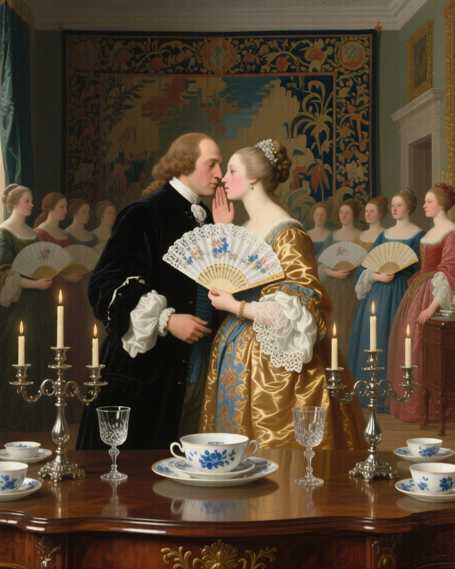 Courtiers whispering behind fans in a royal antechamber in a moment of quiet, practiced grace, set in a richly furnished drawing room with tapestried walls, with fine china, crystal goblets, and candelabras adorning the table; the composition arranges figures in a graceful arc around the focal couple, suggesting both splendor and the fleeting nature of such moments.