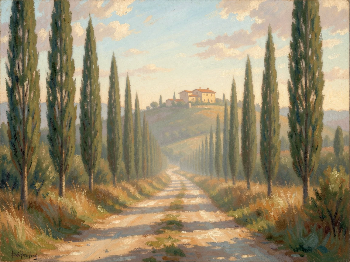 A quiet countryside road lined with tall cypress trees leading toward a hilltop villa in the Tuscan countryside.