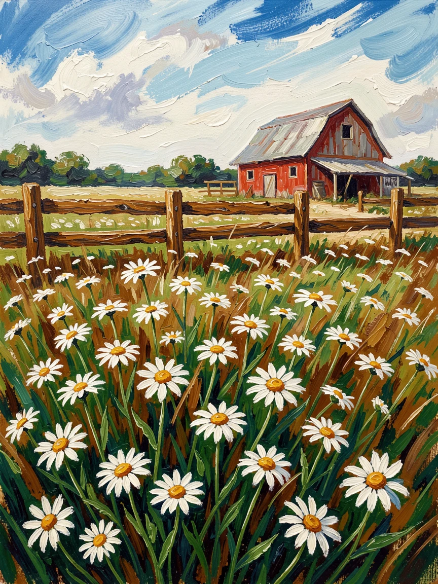 A field of wild chamomile swaying gently beneath a wooden fence and distant barn.