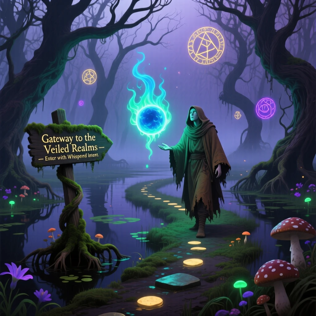 A will-o'-the-wisp leading a lost traveler through a misty bog guards a hidden path that few have ever found, while the surrounding air shimmers faintly with old magic.