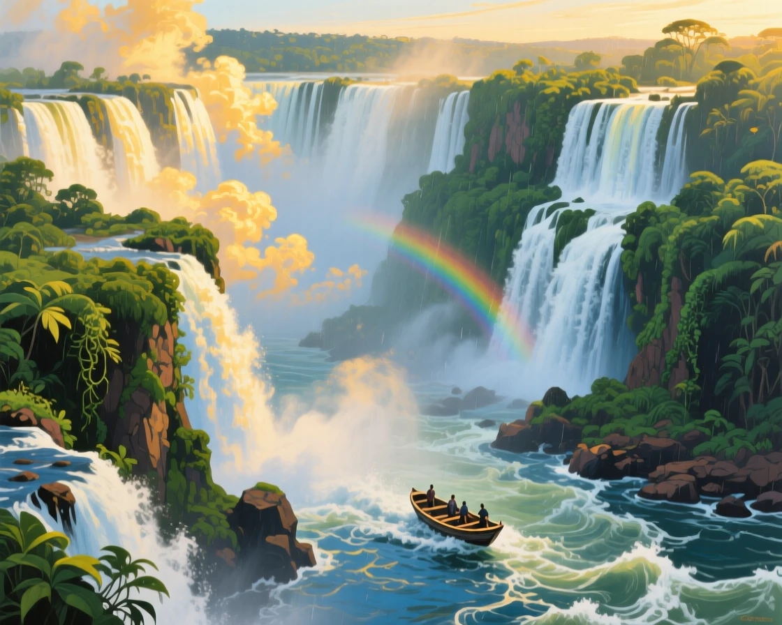Iguazu Falls thunders across a horseshoe of jungle cliffs, spray rising in golden clouds under the afternoon sun, a small boat navigating the churning water far below, a faint haze softening the far horizon while nearer details remain crisp and vivid.