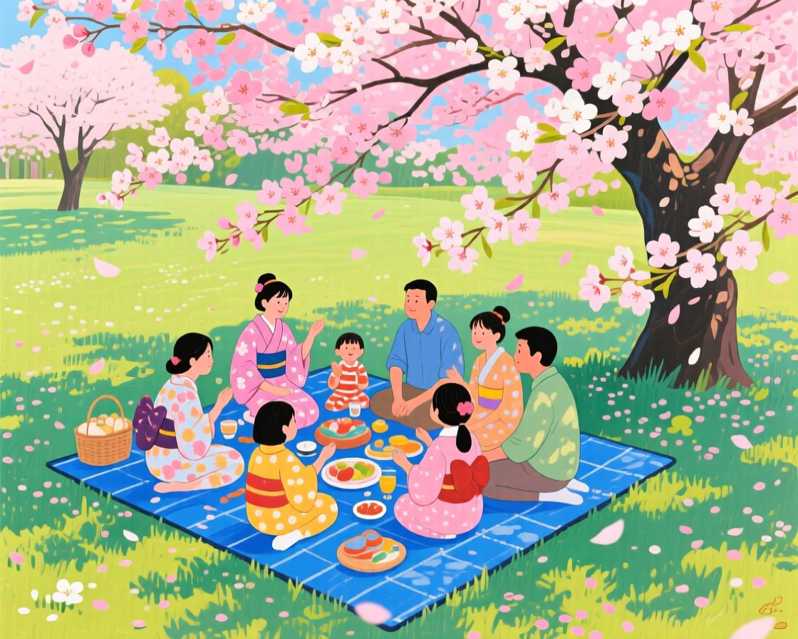 A Japanese hanami picnic beneath a canopy of full cherry blossoms, families gathered on blue mats